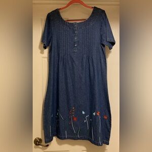 The Vermont Country Store Blue Denim Embroidered Floral Midi Dress